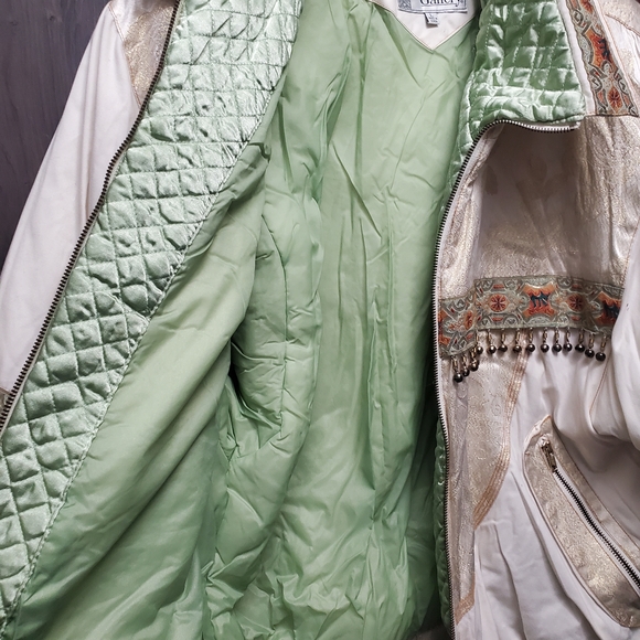 90s Farm Rio Style Puffer Jacket Cream & Gold Boho Bomber Vintage Otello Pelle - Picture 7 of 10